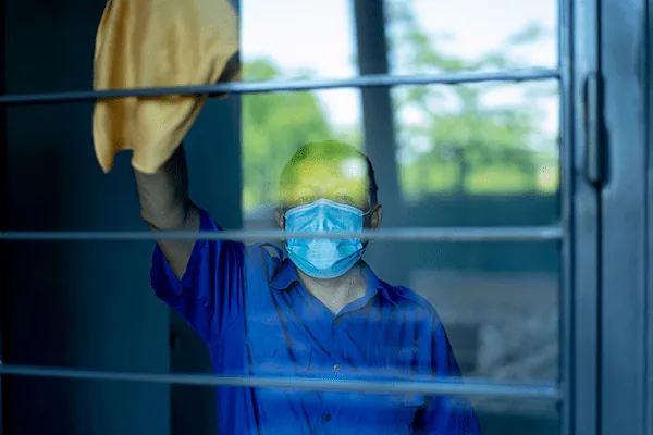 Custodian cleaning windows in residential property